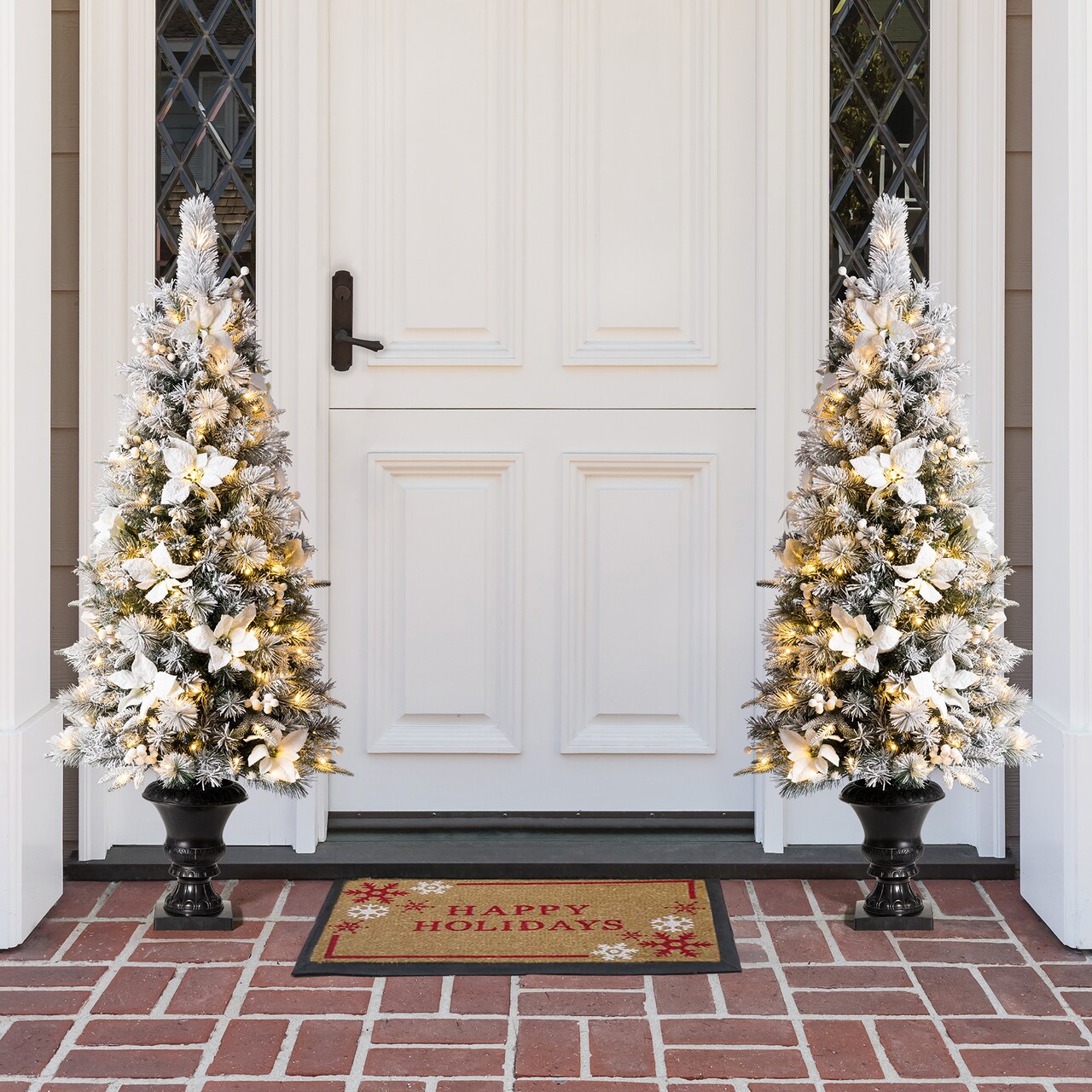 4ft/5ft Set of 2 Pre-Lit Pine Artificial Christmas Potted Porch Trees with Warm White Lights